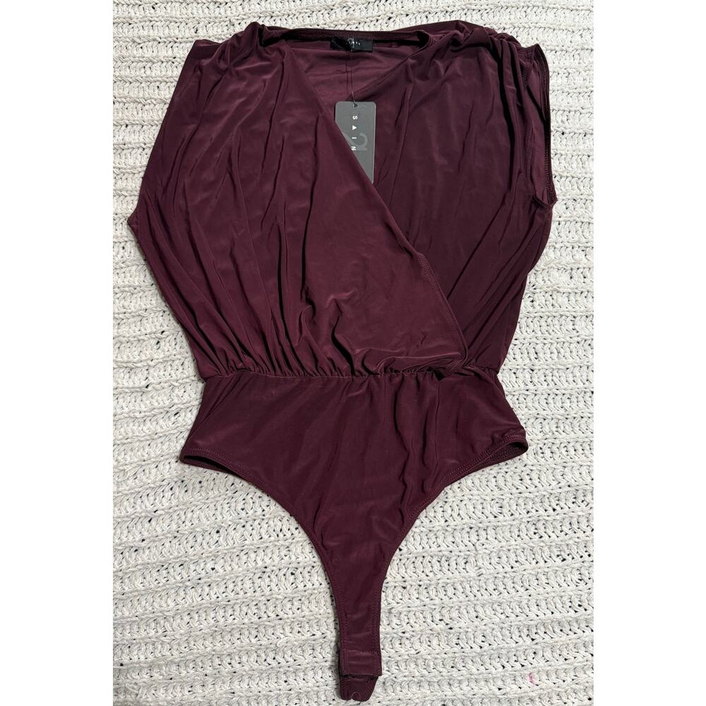 NWT 21 Saints Body Suit Surplice Neck Faux Wrap Thong Womens Sz Medium Burgundy